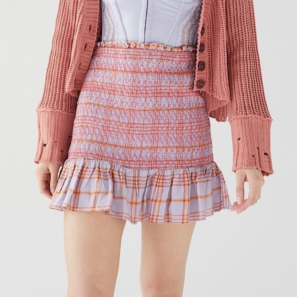 NWT‎ Urban Outfitters Linen Rosemary Plaid Smocked Mini Skirt Pink Purple Small